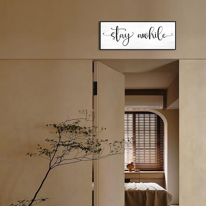 Stay Awhile Sign Wall Decor: 32''×12'' Farmhouse Wall Art Rustic Canvas Print Wall Signs, Large Black Framed Hanging Plaque Home Decor for Kitchen Dining Room Living Room Hallway Entryway