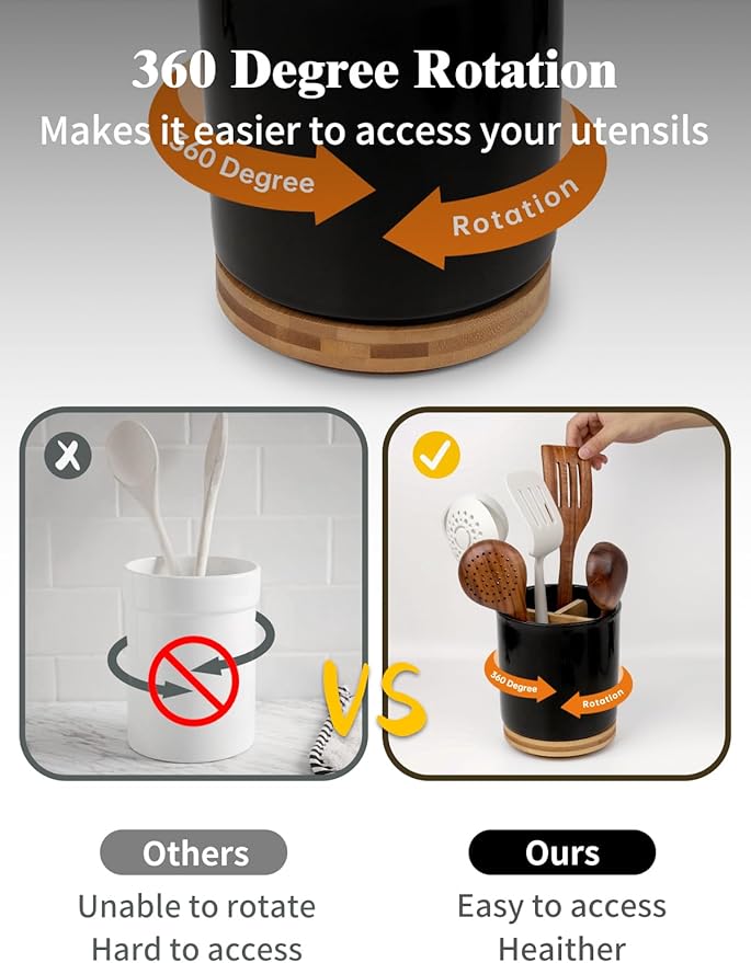 LoeJan 3 Compartment Utensil Holder, Extra Large Utensil Crock, Stable Ceramic Utensil Organizer, Cooking Tool Organizer Set for Kitchen Counter Farmhouse Decor (D-Black(Grossy))