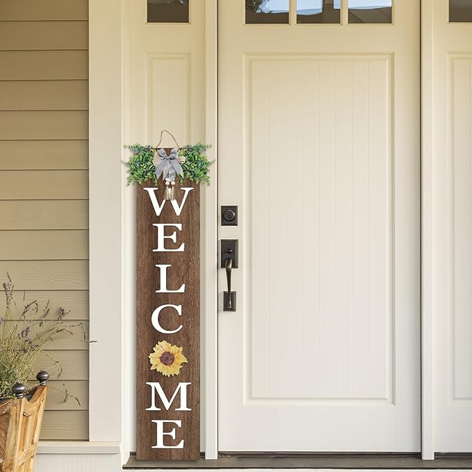 Interchangeable Outdoor Welcome Sign for Front Porch Standing 47"×8" Set of 3 Large Wood Frame with 12 Pcs Icons Vertical Tall Leaner Outside Welcome Sign for Front Door Decor(Wood)