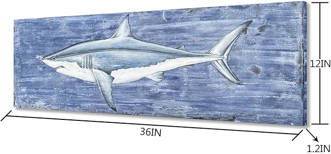 Yihui Arts Shark Canvas Wall Art - Blue and White Coastal Paintings for Living Room Bedroom Bathroom Decor