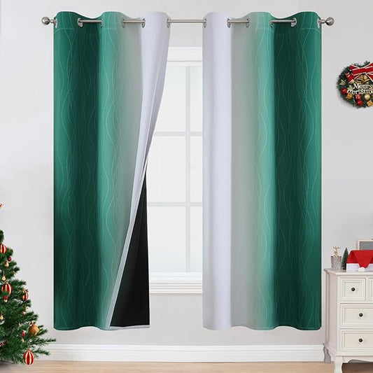 Estelar Textiler Full Room Darkening Blackout Curtains 72 Inch Length 2 Panels Set, Ombre Greyish White and Green Thermal Insulated Full Light Blocking Grommet Blackout Drapes for Bedroom, 42Wx72L