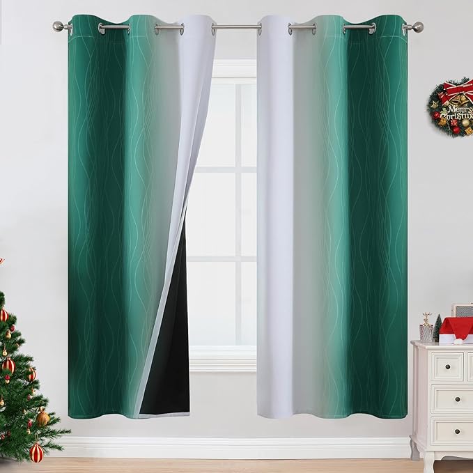 Estelar Textiler Full Room Darkening Blackout Curtains 72 Inch Length 2 Panels Set, Ombre Greyish White and Green Thermal Insulated Full Light Blocking Grommet Blackout Drapes for Bedroom, 42Wx72L