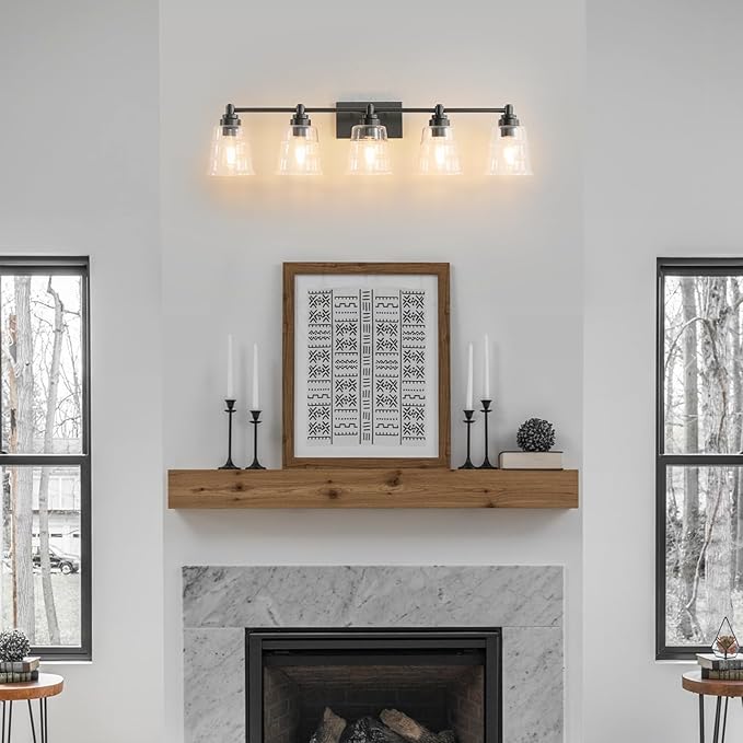 Black Bathroom Vanity Light Fixture, 5 Light Bathroom Light Fixtures Over Mirror with Clear Glass Shade and Metal Base Wall Sconce, 37 inch Modern Vanity Light for Bathroom(Exclude E26 Bulb)