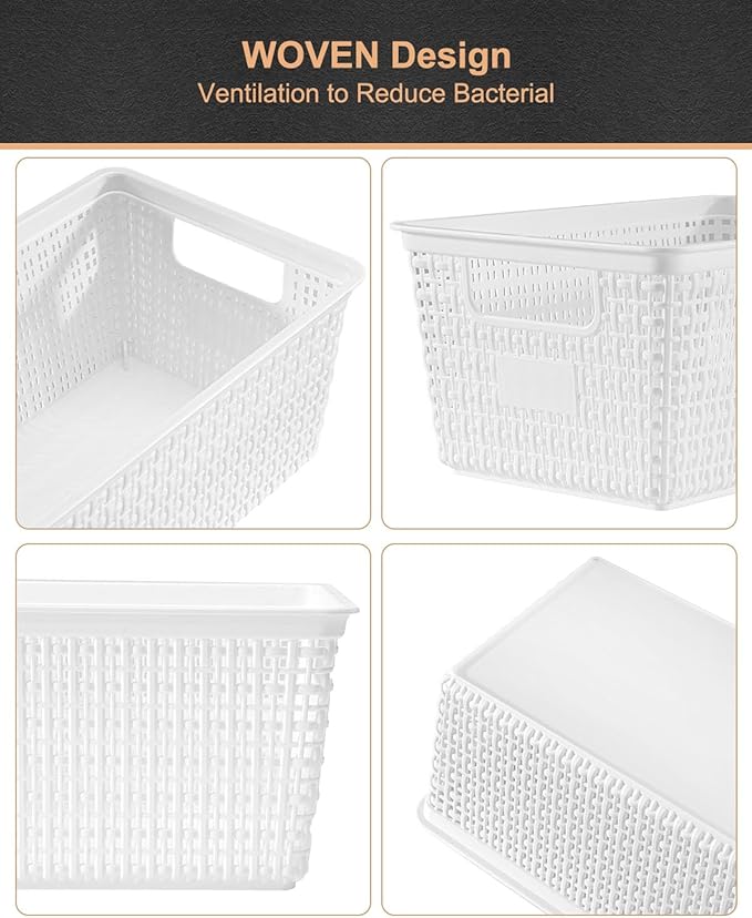 Plastic Storage Baskets For Organizing, 6 Pack Organization and Storage Containers, Storage Baskets for Shelves Drawers Desktop Closet Playroom Classroom Office, White