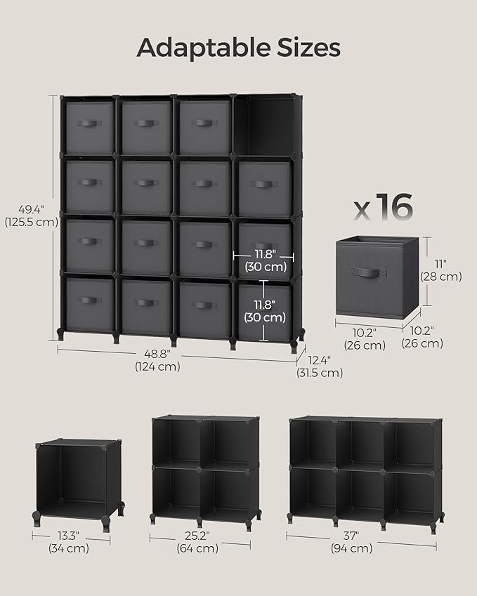 SONGMICS Cube Storage Organizer with Storage Boxes, Set of 16-Cube Organizer, 16 Collapsible Non-Woven Fabric Bins, Customizable, Bedroom, Living Room, Ink Black and Dove Gray ULPC162B01