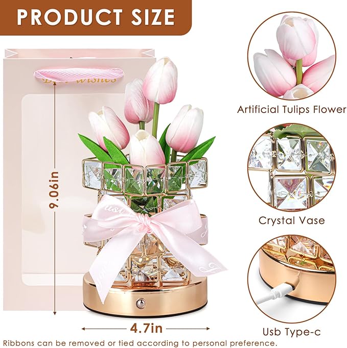 Tulip Flower Lamp Gifts for Women: Rechargeable Cordless Touch Crystal Table Lamp, Battery Powered Small Night Light, Mothers Day Birthday Present for Mom Grandma, Kitchen Bedroom Office Decor