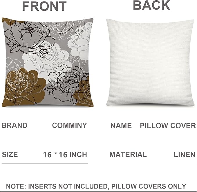COMMINY Brown Grey Pillow Covers 16x16 Set of 6 Decorative Daisy Flower Throw Pillow Cover for Couch Modern Farmhouse Cushion Cover for Sofa Outdoor Patio Bed Living Room Home Decor