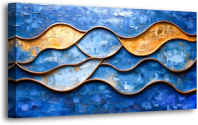 Abstract Pictures Canvas Wall Art for Living room Office Bedroom Wall Decor, Linear Wall Art Print Paintings Modern Blue Golden Abstraction Artwork Waterproof Ready to Hang-20x40inch