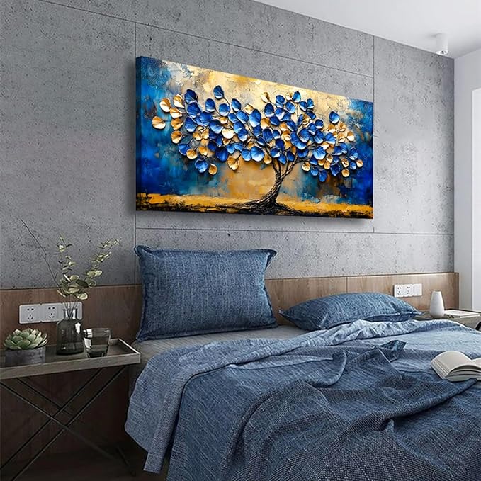 Abstract Tree Canvas Wall Art Bedroom Wall Decor Living Room,Blue and Gold Leaf Wall Art Office Paintings Artwork Modern Ginkgo Tree Leaves Pictures Art Prints Waterproof Ready to Hang-20x40inch