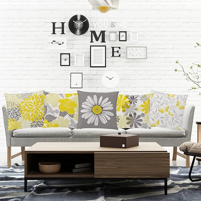 COMMINY Yellow Grey Pillow Covers 20x20 Set of 6, Daisy Flower Throw Pillow Cover Case Rustic Square Cushion Cover for Sofa Bedroom Living Room Farmhouse Home Decor