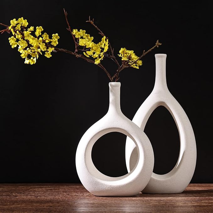 Off White Ceramic Hollow Elliptical Vase Set of 2 - Boho Circle Vase with Hole, for Modern Off White Table Decor, Living Room Decor Shelf mid Century Modern Home Entrance Decorative vase
