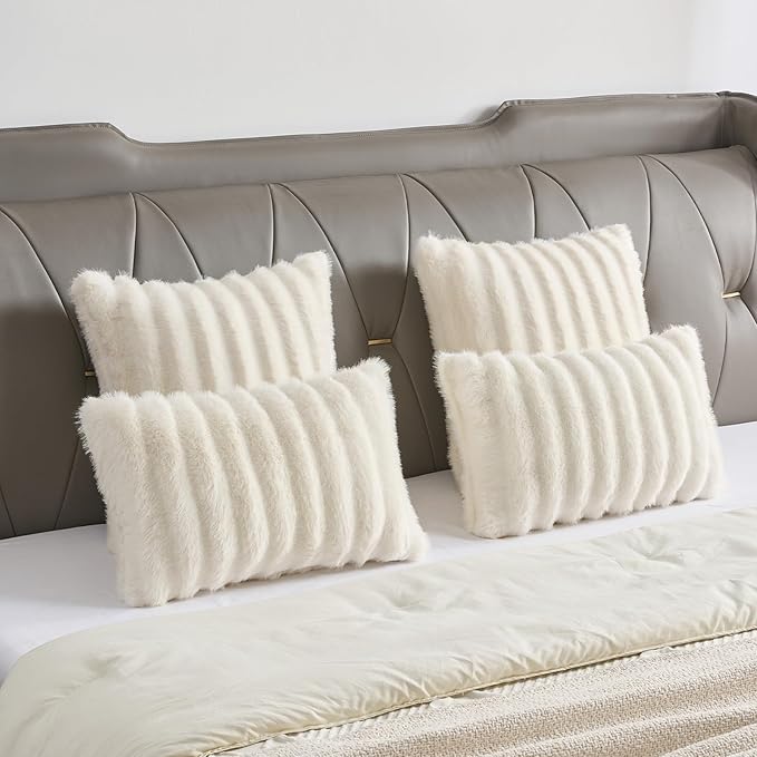 FUTEI Cream White Decorative Throw Pillow Covers 26x26 Inch Set of 2,Soft Fluffy Faux Mink Fur Dyeing Striped Textured Euro Pillow Shams,Modern Home Decor for Couch Bed Living Room