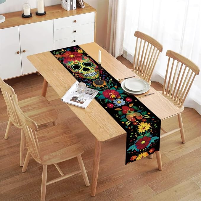 ANNA QUEEN Flowers Table Runner 13 x 72 Inch for Dining Table, Table Runner for Spring & Holiday Dining Decor Indoor Outdoor Party Home Table Decoration (Skull)
