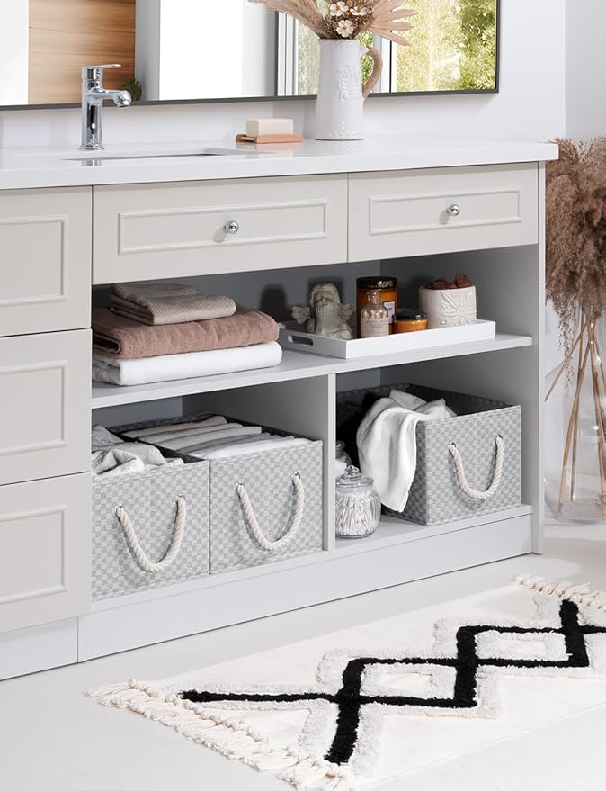 StorageWorks Storage Baskets for Shelves, Foldable Fabric Closet Storage Bins with Handles, Fabric Storage Bins Clothes Organizer, Gray Check, 3-Pack, Large