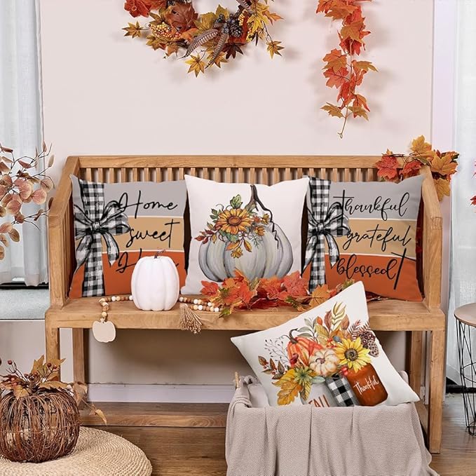 GEEORY Fall Throw Pillow Covers 20x20 Inch Set of 4, Pumpkins Mason Jars Sweet Home Striped Autumn Thanksgiving Seasonal Decorative Farmhouse Decoration (Off-White) G637-20