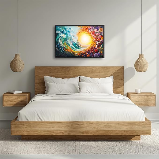 Ocean Framed Wall Art for Living Room, Large Waves with Flowers Canvas Wall Decor, Vintage Beach Pictures Painting, Modern Landscape Artwork for Bathroom Bedroom 36L'' × 24W''
