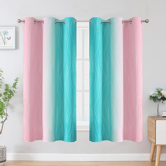 Estelar Textiler Pink and Teal Blackout Curtains for Living Room, Full Room Darkening Grommet Ombre Curtains for Bedroom, Thermal Insulated Light Blocking Gradient Drapes, 42Wx63L, 2 Panels