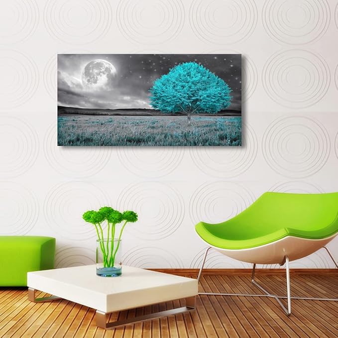 Tree of Life Wall Art Picture Canvas Prints Room Wall Décor Blue Tree with Full Moon Paintings for Living Room Bathroom Bedroom Home Kitchen Decorations Natural Artwork Wooden Framed 20x40inches