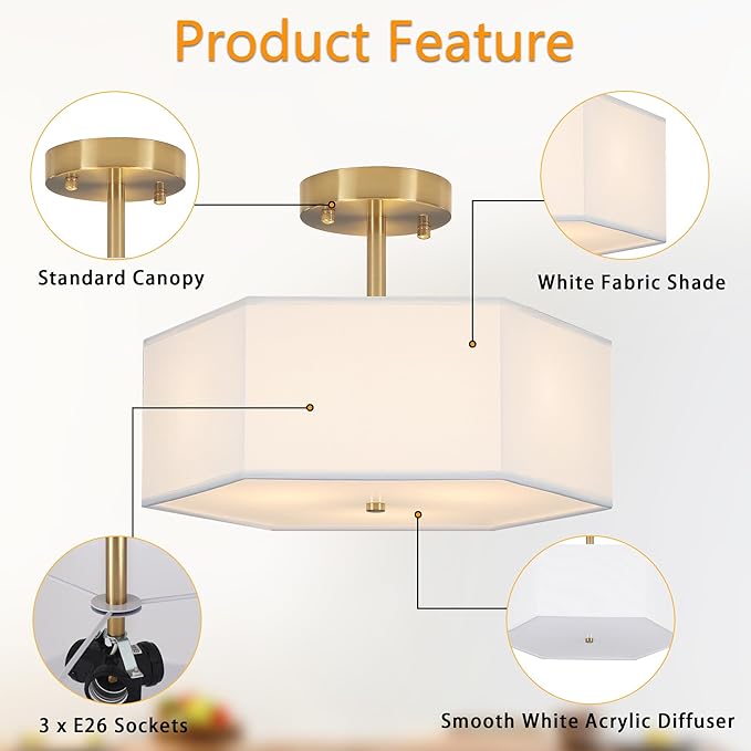 Modern Ceiling Light with White Fabric Shade 3-Light Gold Semi Mount Flush Fixture for Bedroom Dining Room Kitchen and Hallway
