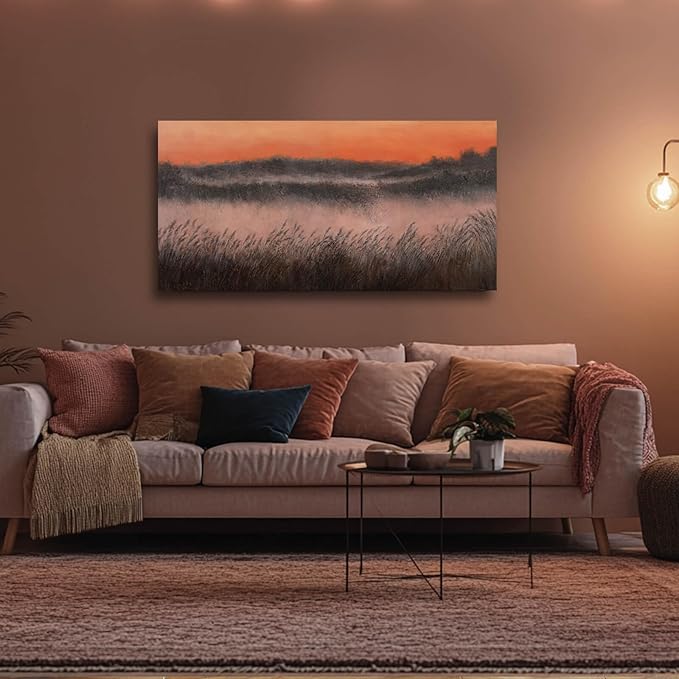 Plants Wall Art Golden Sunset Artwork Hillside Meadow Framed Wall Prints for Office Living Room Wall Decorations 24x48 Inch Hanging Wall Decor