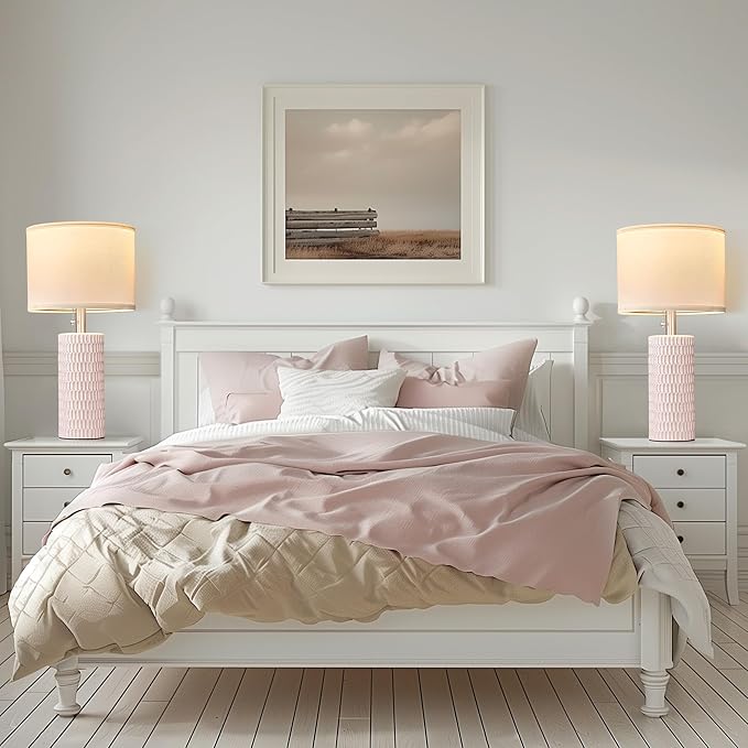 Table Lamps for Living Room Set of 2, Ceramic Table Lamps for Bedroom, 20" Modern Lamps for Night Stands, Pink