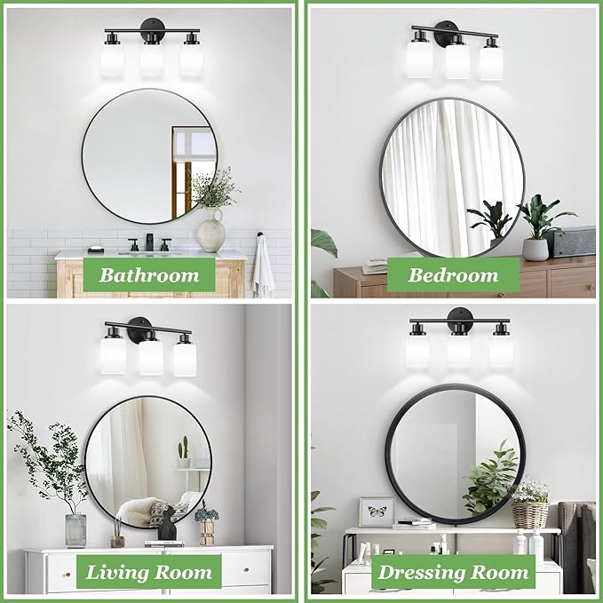 3-Light Bathroom Light Fixtures, Vanity Lights for Mirror with Milky White Frosted Striped Glass Shade, Modern Kitchen Light Fixtures Wall Sconce Light - E26 Base - Matte Black