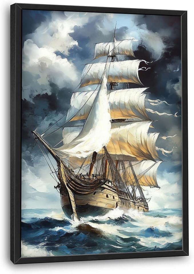 Lovira Sailing Ship Large Wall Art Sailboat Canvas Wall Decor Pictures Prints Painting Framed Modern Vertical Artwork for Living Room Bedroom Bathroom Office 24"x36"