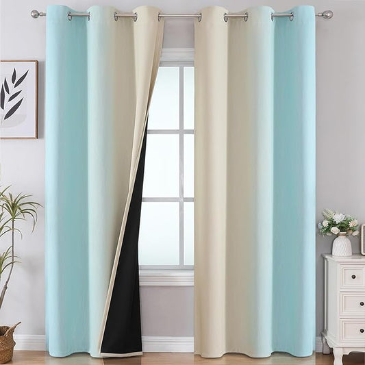 Estelar Textiler Aqua and Beige Room Darkening Blackout Curtains 84 Inch Length 2 Panels Set for Living Room, Thermal Insulated Ombre Light Blocking Grommet Blackout Drapes for Bedroom, 42Wx84L