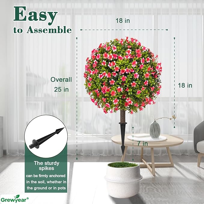 Artificial Pink Topiary Ball Trees with Ground Spike Set of 2, Faux Boxwoods for Outdoor Planters, UV Resistant Artificial Outdoor Plants for Porch, Fake Bushes Round Flower Shrub with Lilac