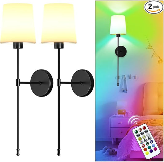 10000mAh Battery Operated Wall Sconces Set of Two, 28 Inches Long Wireless Sconces Set of 2 Wall Light with RGB Rechargeable Magnetic Bulb, Sconces Wall Decor Set of 2 for Bedroom Living Room, Black