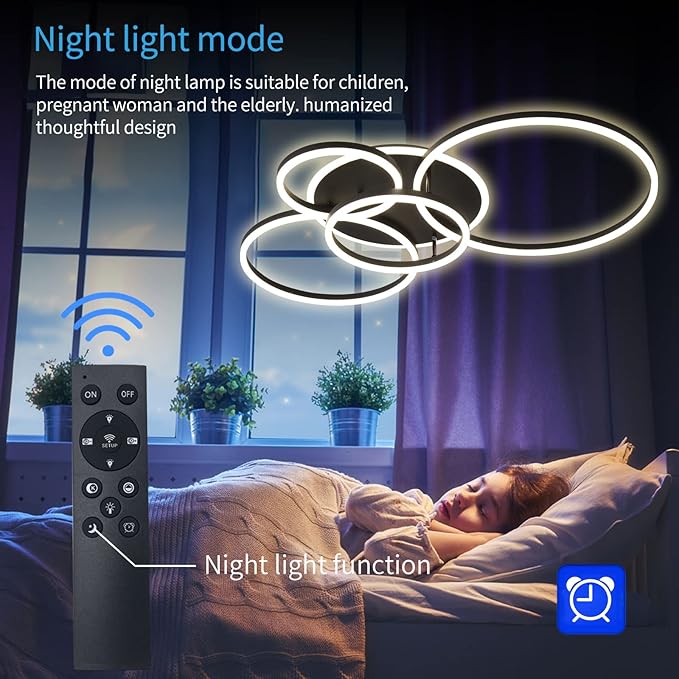Modern LED Ceiling Light 90W Dimmable Ceiling Light Fixture with Remote Control 5 Rings Flush Mount Ceiling Light Black Acrylic Chandelier LED for Living Room Bedroom Kitchen Light fixtures(4+1B01)