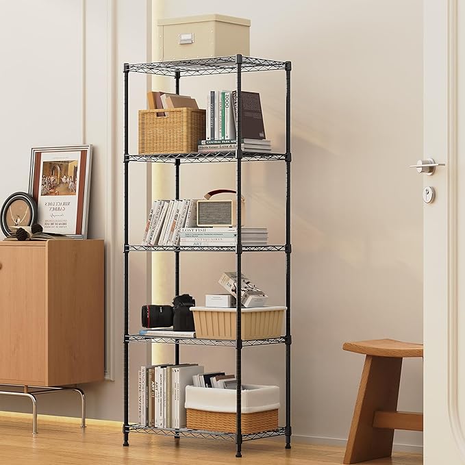 1250 lbs 5 Tier Shelf Metal Storage Shelves Wire Rack Closet Organizers with Wheel for Garage Kitchen Bathroom Laundry Black 13.7" D x 23.6" W x 62.4" H