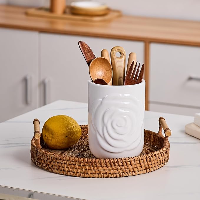 White Ceramic Utensil Holder Set of 2 - Rose Carved Design, Kitchen Countertop Utensil Organizer for Spatula, Spoon & Cooking Tools, Large (7.5") & Small (5.5"), Farmhouse Kitchen Counter Decor