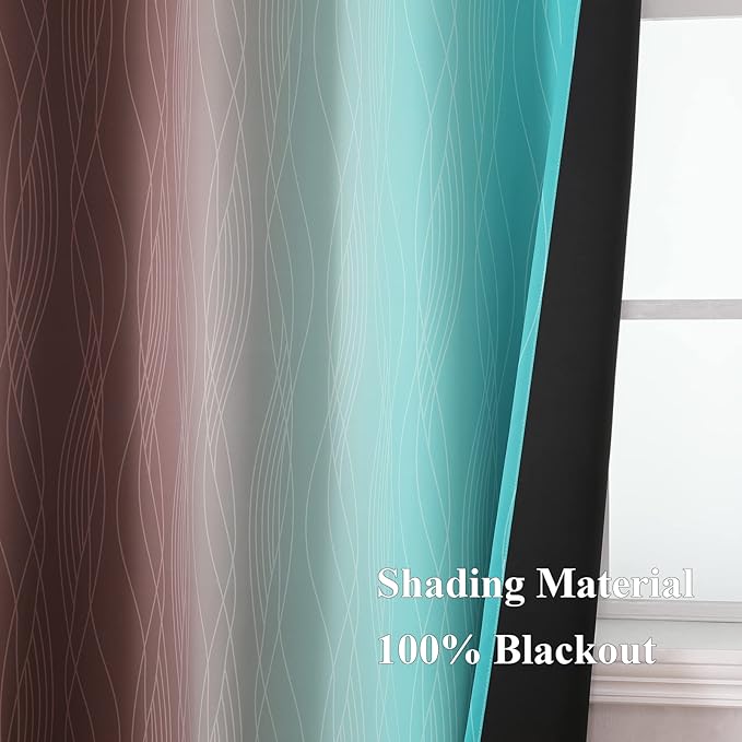 Estelar Textiler Brown and Teal Ombre Blackout Curtains 45 Inch Length 2 Panels, Full Room Darkening Gradient Drapes for Kitchen, Thermal Insulated Grommet Short Curtains for Bathroom, 42Wx45L