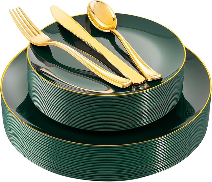 YOUBET 125PCS Green Plastic Plates - Green Disposable Plates With Gold Rim Include 25 Dinner Plate, 25 Dessert Plate, 75 Gold Plastic Cutlery for Party Wedding