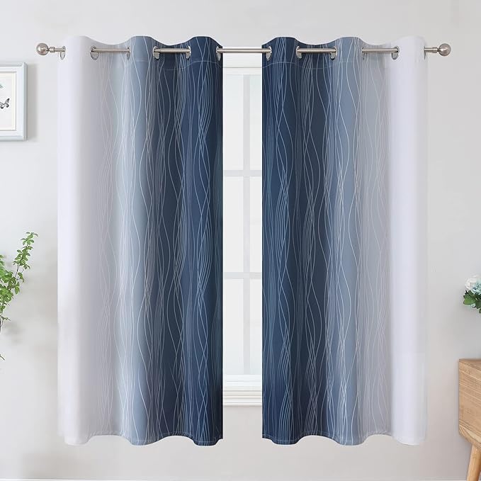 Estelar Textiler Grayish White and Navy Blue Blackout Curtains for Living Room, Ombre Thermal Insulated Noise Reducing Blackout Drapes for Bedroom, Room Darkening Grommet Curtains, 42Wx63L, 2 Panels