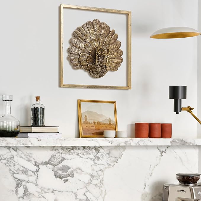 Animal Heads Wall Decor ( Includes Metal Frame) Christmas Indoor Decor Resin Animals Sculptures Head Wall Hanging Thanksgiving Decoration Gold vintage Wall Sculpture for Living Room Bedroom Office(Turkey)