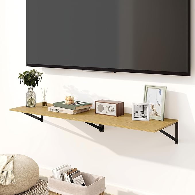 Fun Memories Floating Shelves for Wall, 12 Inch Deep Floating Shelves Set of 2, 24W x 12D Large Wall Shelf with Sturdy Metal Brackets for Living Room, Bathroom, Bedroom and Kitchen, Oak