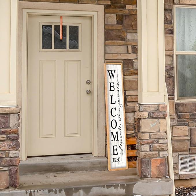 Welcome-ish Sign for Front Porch Standing 45"X9" Large Farmhouse Outdoor Wood Framed Home Vertical Tall Funny Large Welcome Sign For Rustic Modern Outside Front Door Wall Decor (Wood White)