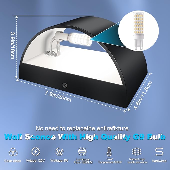 4 Pack Black Modern LED Wall Sconces, 6000K Cool White Hardwired Interior Wall Lights Up and Down Wall Mount Light for Bedroom,Living Room, Hallway(with G9 Bulbs)