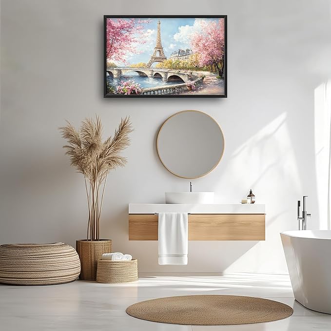 Eiffel Tower Framed Wall Art for Living Room, Large Paris Tower Canvas Wall Decor, Pink Cityscape Pictures Painting, Natural Landscape Modern Artwork for Bathroom Bedroom 36L'' × 24W''