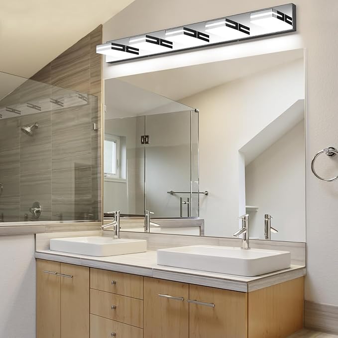 SineRise LED Modern Bathroom Vanity Light Fixtures (5-Light, 40-Inch), Chrome Modern Acrylic Bathroom Wall Lighting Fixtures Over Mirror (Cool White 6000K)