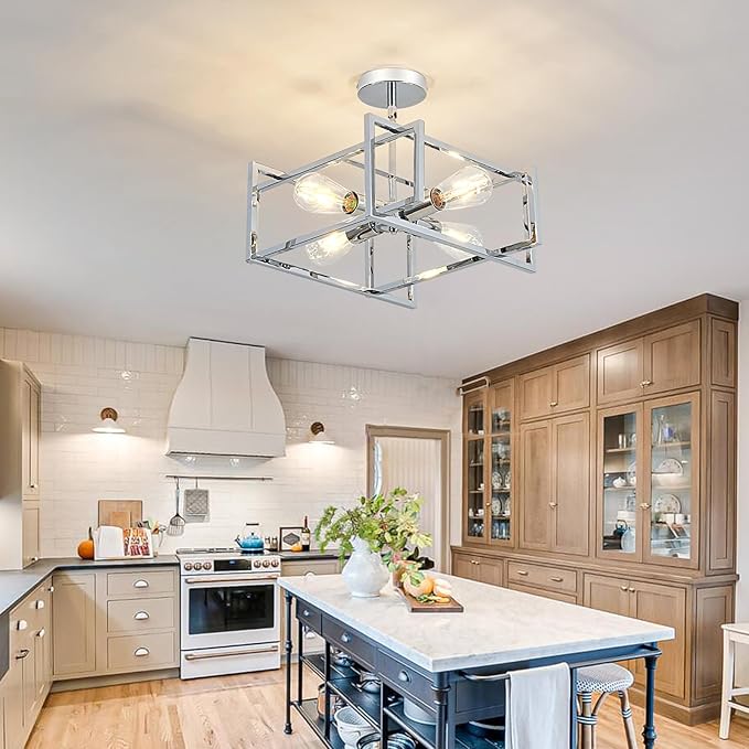 ZGLAOJT 4-Lights Ceiling Light Chrome Light Fixture Industrial Flush Mount Ceiling Light Farmhouse Chandelier Lighting for Kitchen Island Dining Room Bedroom Foyer Hallway.