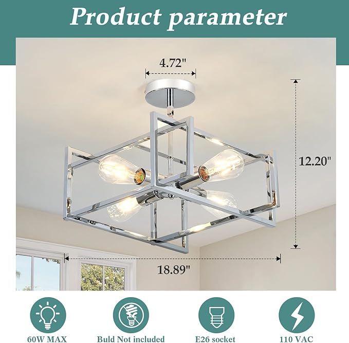 ZGLAOJT 4-Lights Ceiling Light Chrome Light Fixture Industrial Flush Mount Ceiling Light Farmhouse Chandelier Lighting for Kitchen Island Dining Room Bedroom Foyer Hallway.