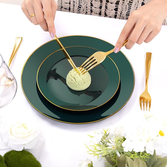 YOUBET 125PCS Green Plastic Plates - Green Disposable Plates With Gold Rim Include 25 Dinner Plate, 25 Dessert Plate, 75 Gold Plastic Cutlery for Party Wedding