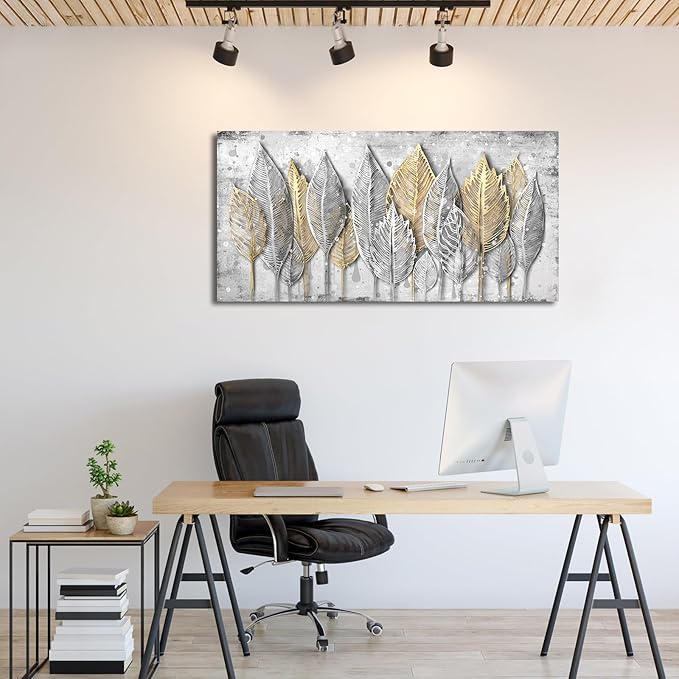 NINEASO Abstract Leaves Wall Art - Modern Aesthetic Nature Pictures Wall Decor Elegant Leaf Painting Grey White Splash Drops Canvas Print Natural Beauty Artwork for Living Room Bedroom 20" x 40"
