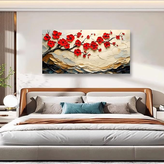 Tree of Life Pictures Canvas Wall Art for Living room Office Bedroom Red Flower Tree Wall Decor,Yellow Abstract Wall Art Print Paintings Modern Plum Blossom Mountain Artwork Ready to Hang-20x40inch