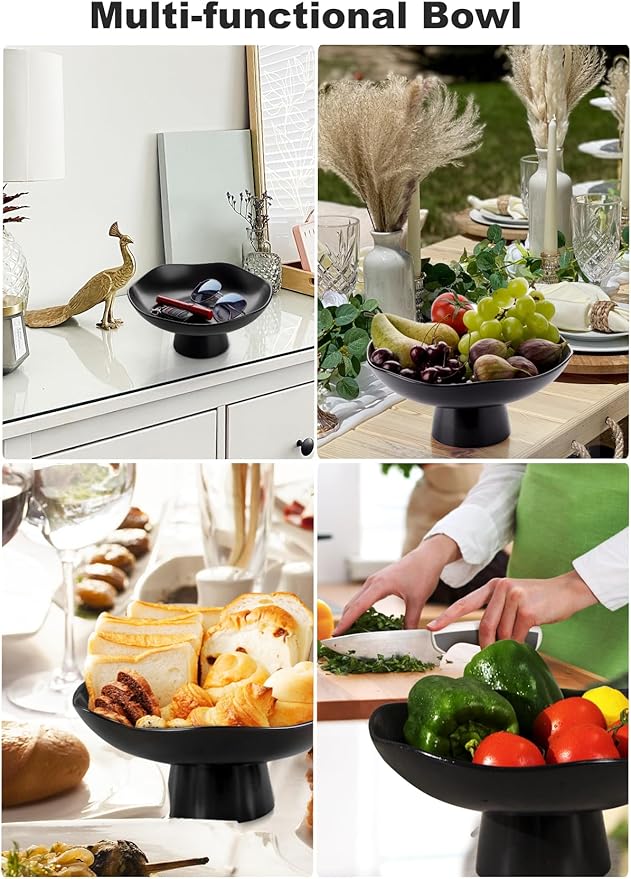 Nucookery Ceramic Fruit Bowl for Kitchen Counter, Modern Fruit and Bread Basket Stand, 10 inch Large Decorative Bowl for Home Kitchen Decor, Fruit & Vegetables Holder Storage, Matte Black