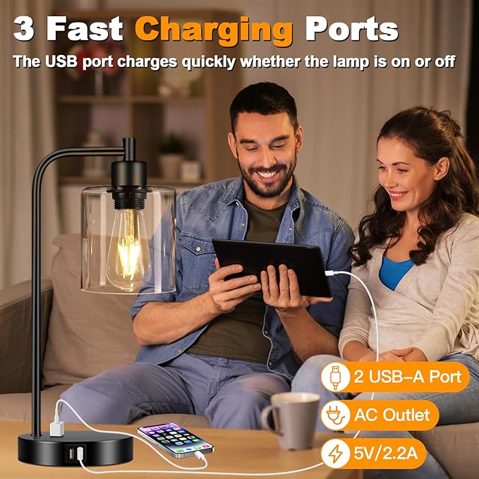 Set of 2 Industrial Touch Control Table Lamps with 2 USB Ports and AC Outlet - 3-Way Dimmable Black Bedside Lamps Nightstand Desk Lamps for Bedroom Living Room, Glass Shade & 2 LED Bulbs Included