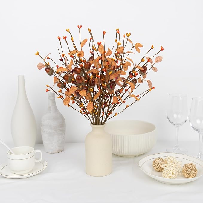 12 PCs Artifical Fall Stems 17 Inches Faux Autumn Branches Fall Floral Picks with Berry Acorn for Vase Table Centerpieces Window Living Room Indoor Decor